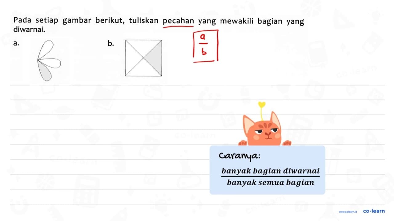 Pada setiap gambar berikut, tuliskan pecahan yang mewakili