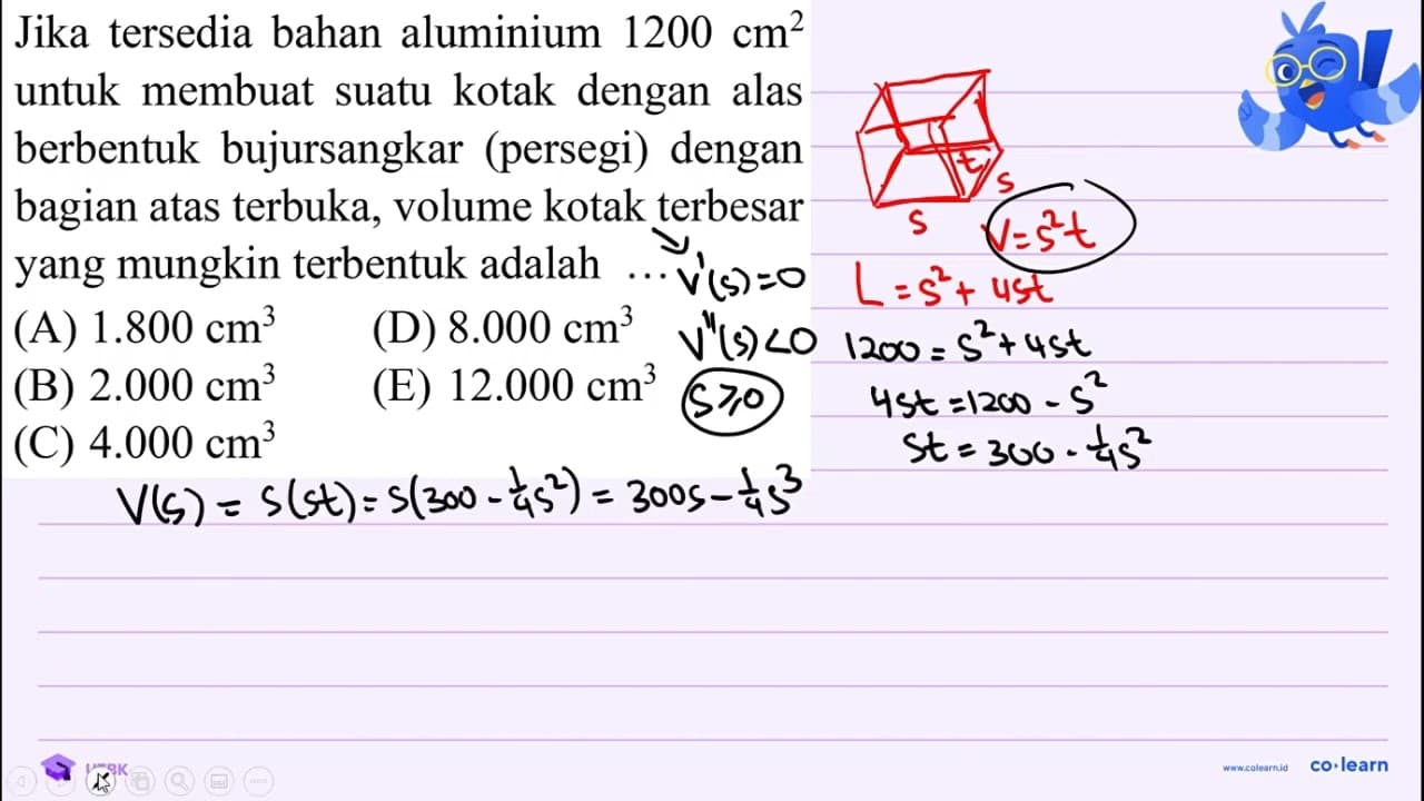 Jika tersedia bahan aluminium 1200 cm^(2) untuk membuat