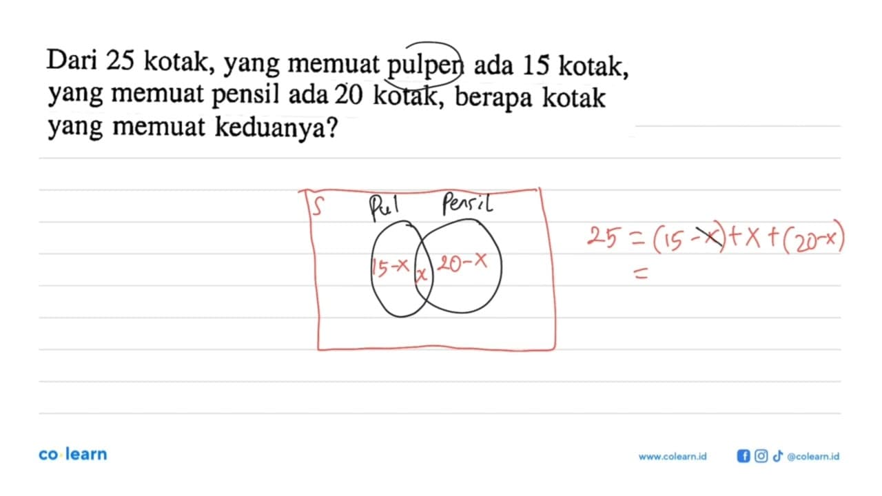 Dari 25 kotak, yang memuat pulpen ada 15 kotak, yang memuat