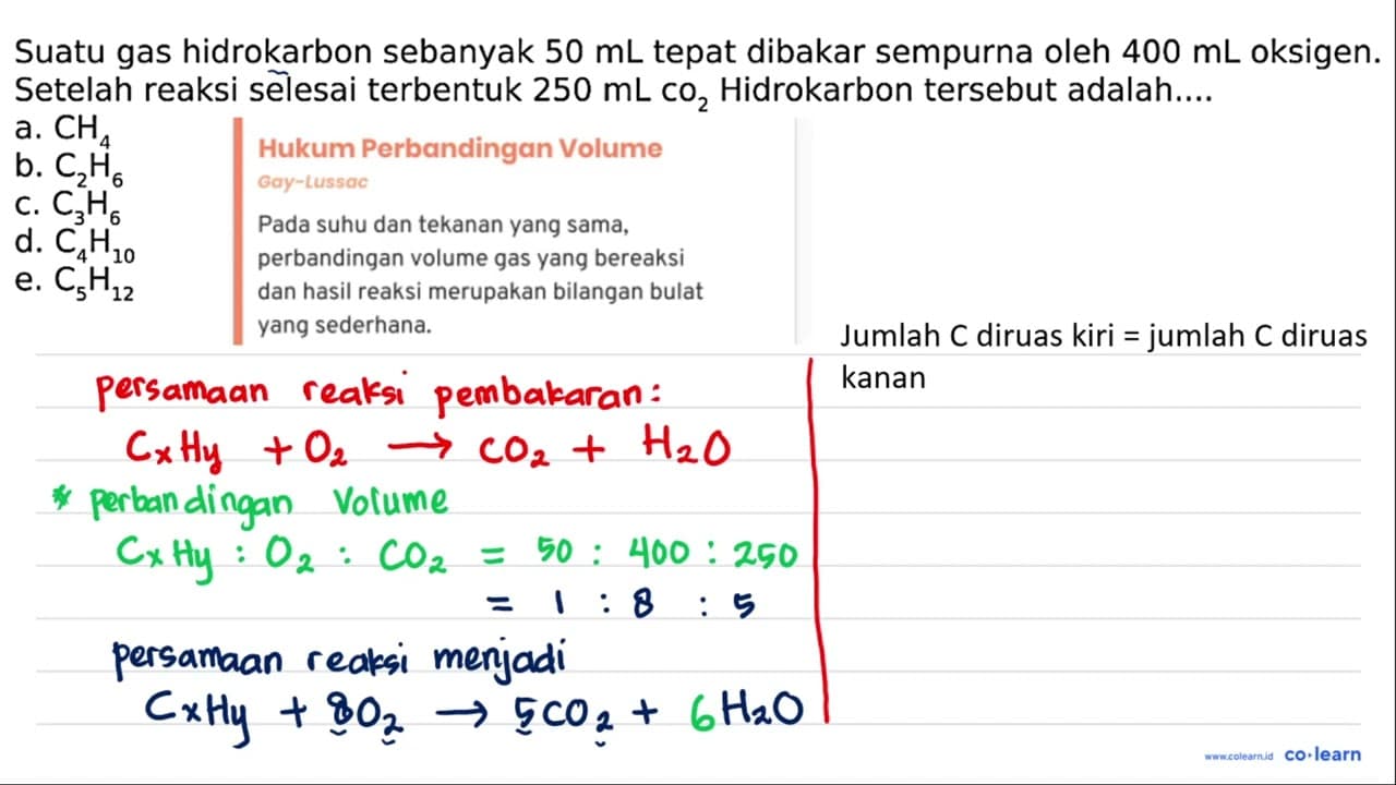 Suatu gas hidrokarbon sebanyak 50 mL tepat dibakar sempurna