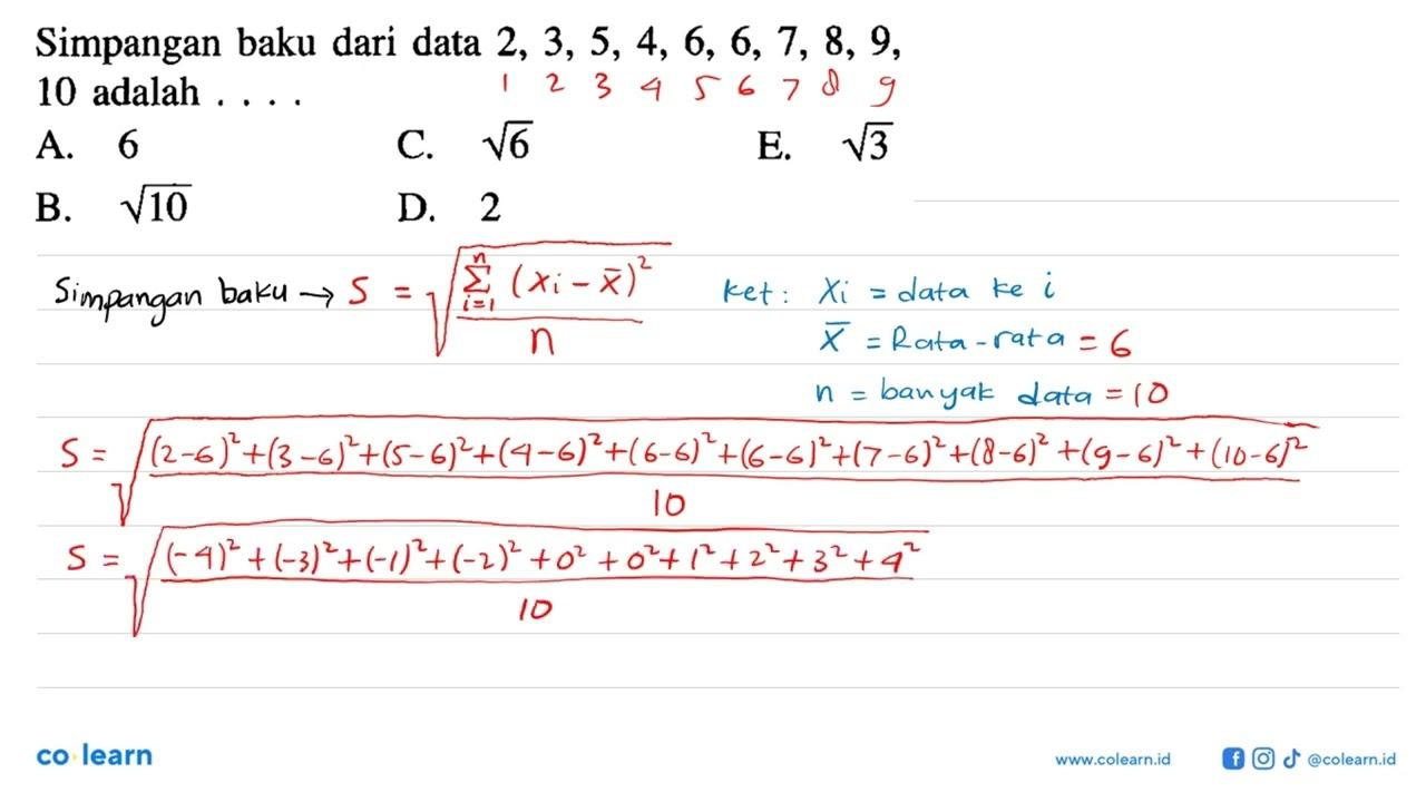 Simpangan baku dari data 2,3,5,4,6,6,7,8,9,10 adalah . . .