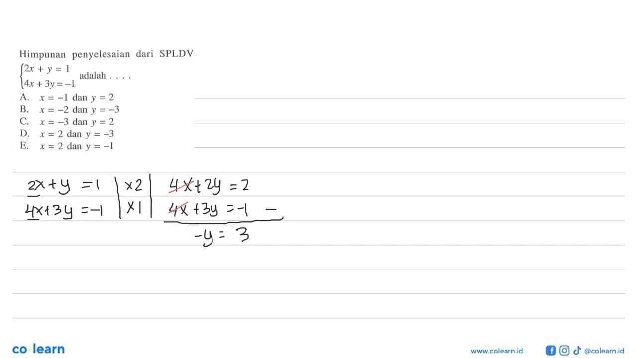 Himpunan penyelesaian dari SPLDV 2x+y=1 4x+3y=-1 adalah