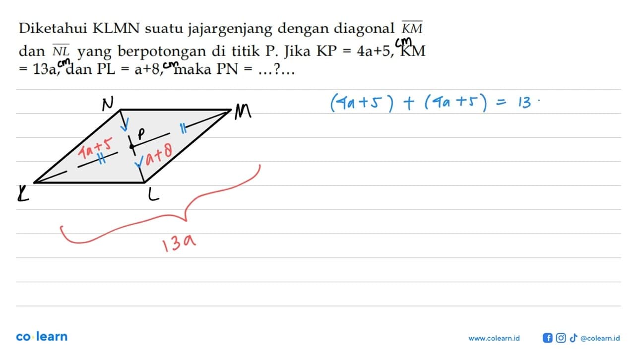 Diketahui KLMN suatu jajargenjang dengan diagonal KM dan NL