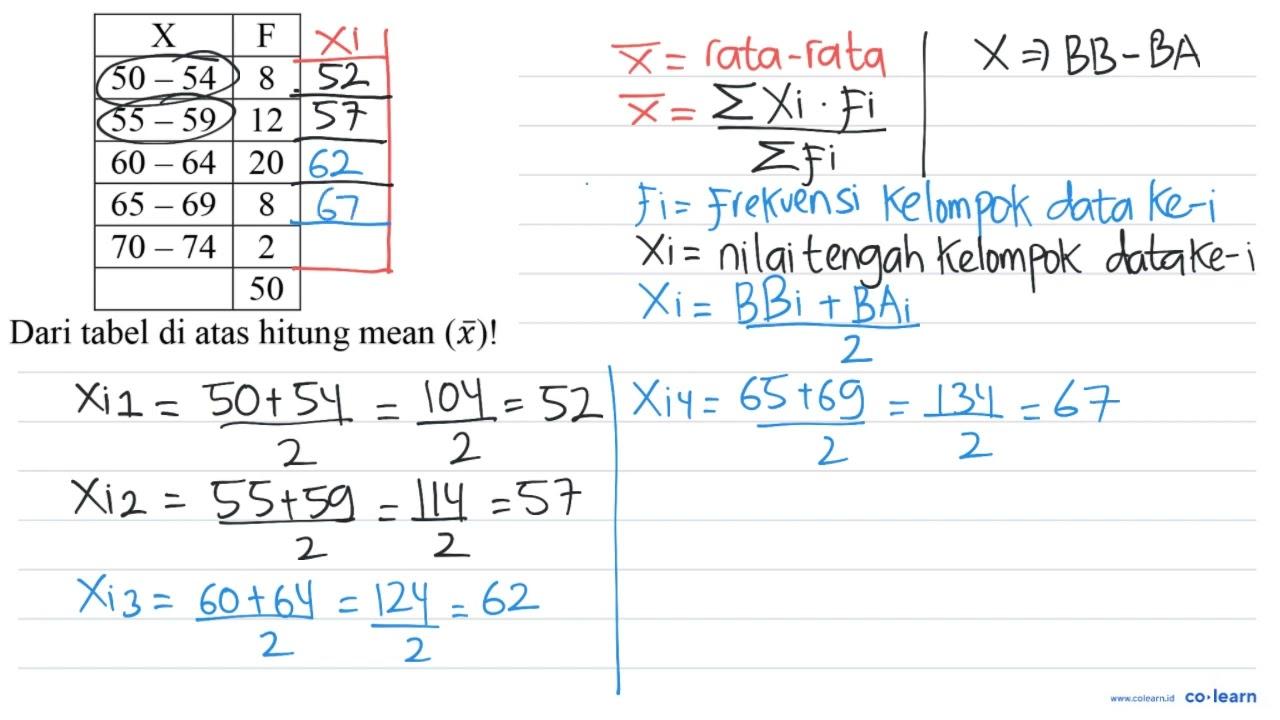 X F 50-54 8 55-59 12 60-64 20 65-69 8 70-74 2 50 Dari tabel