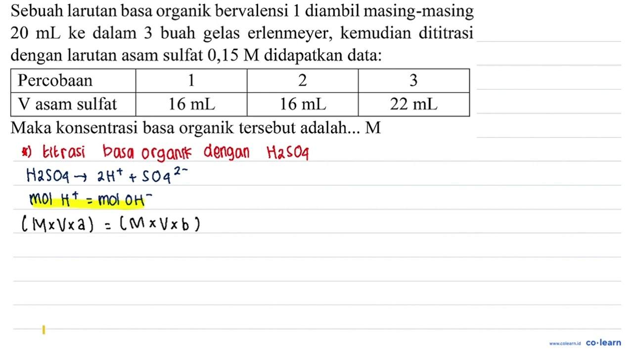 Sebuah larutan basa organik bervalensi 1 diambil