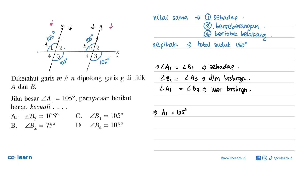 Diketahui garis m / / n dipotong garis g di titik A dan B .