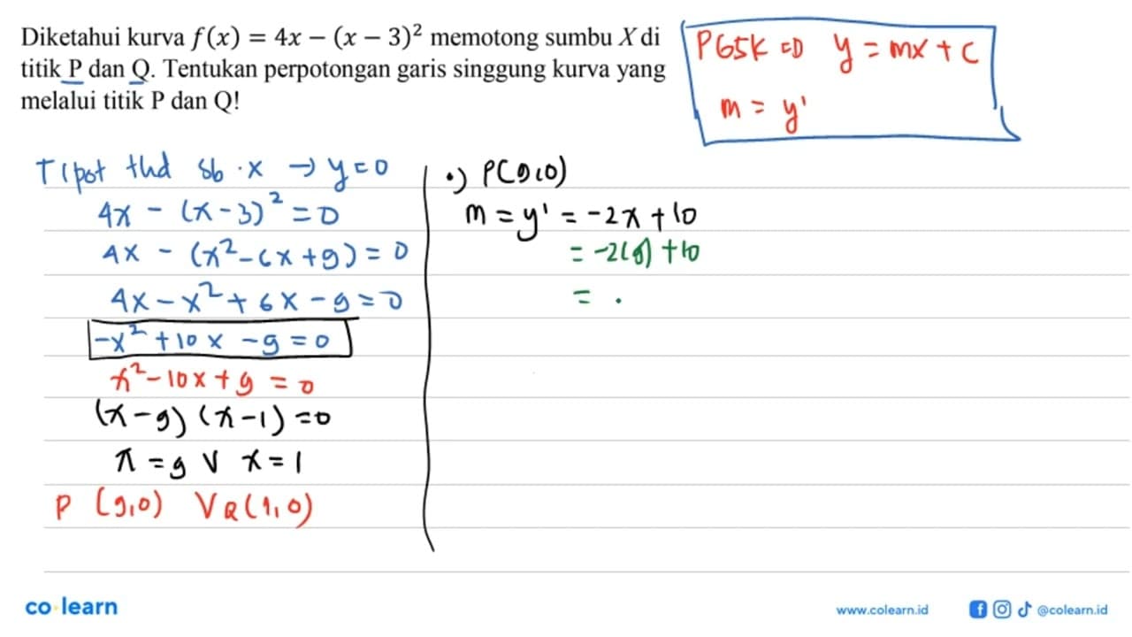 Diketahui kurva f(x)=4 x-(x-3)^2 memotong sumbu X di titik