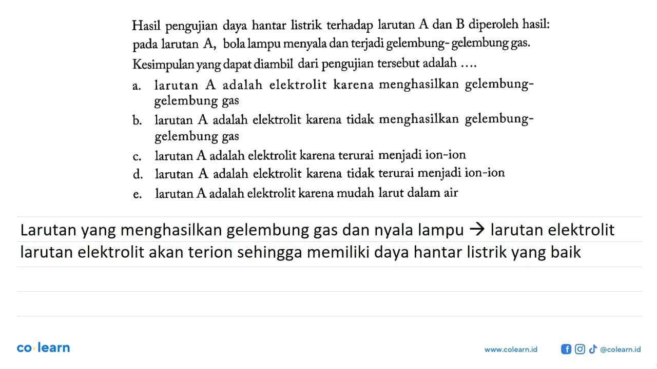 Hasil pengujian daya hantar listrik terhadap larutan A dan