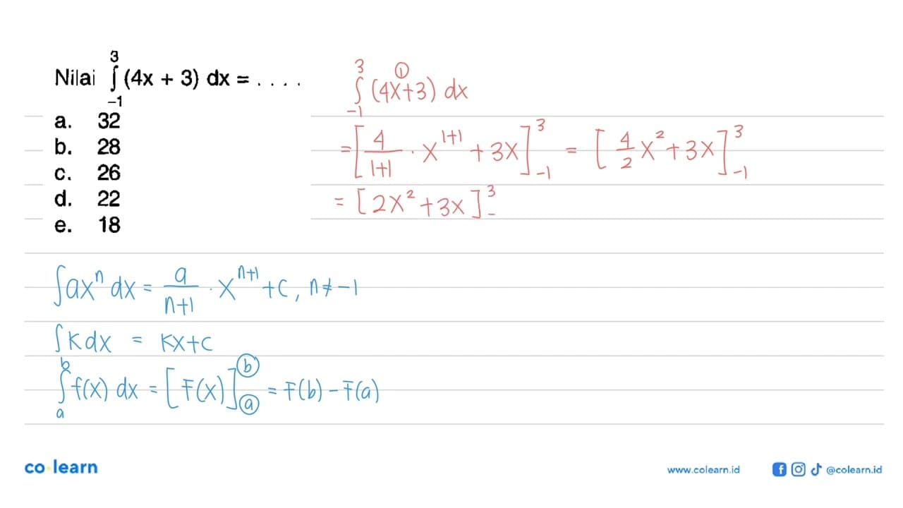 Nilai integral -1 3 (4x+3) dx=