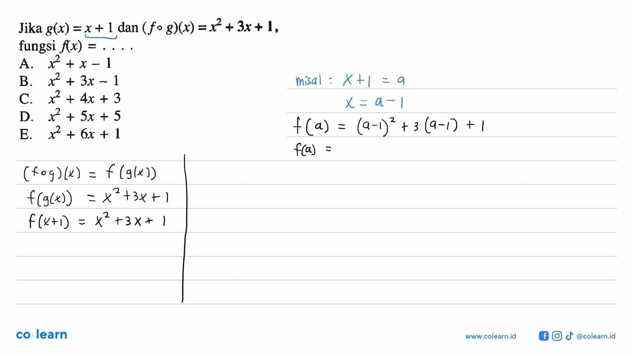 Jika g(x)=x+1 dan (fog)(x)=x^2+3x+1 fungsi f(x)=....