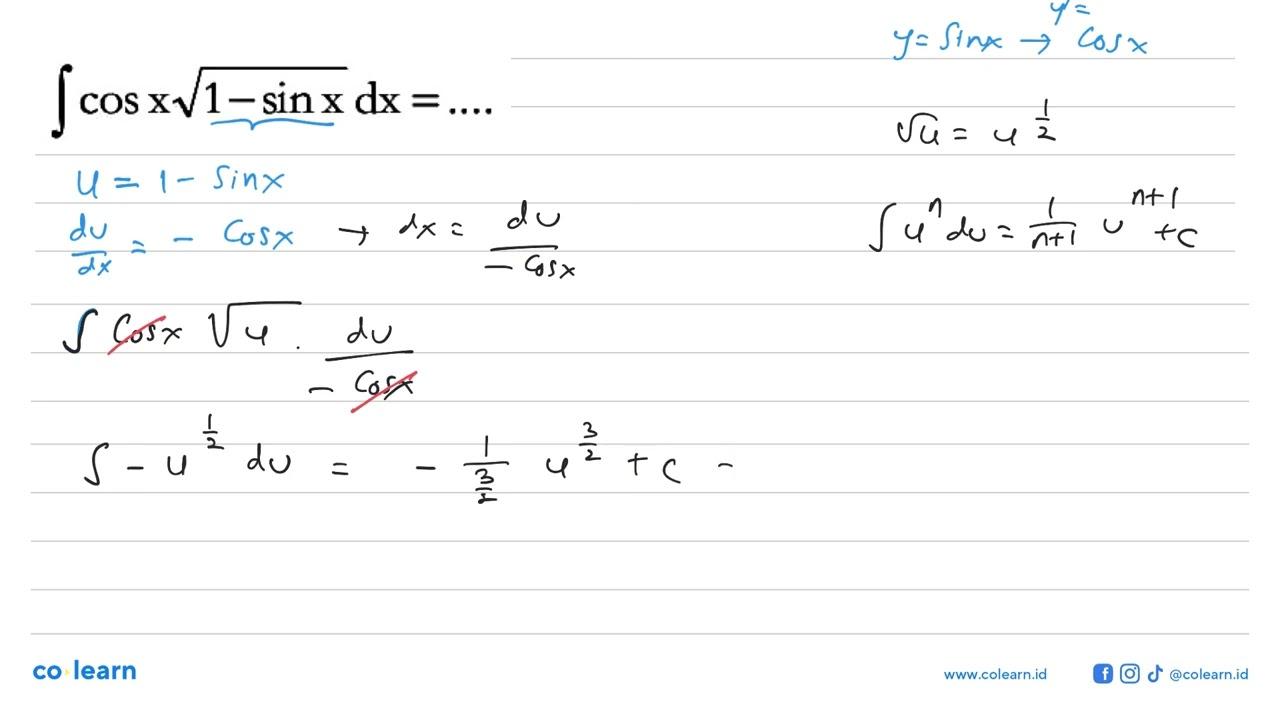 integral cos x akar(1-sin x) dx=...