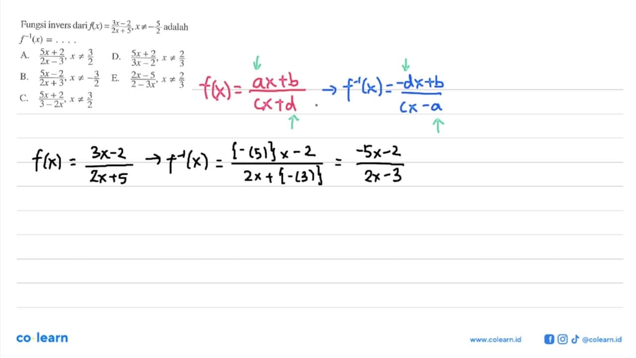 Fungsi invers dari f(x)=(3x-2)/(2x+5), x=/=-5/2 adalah