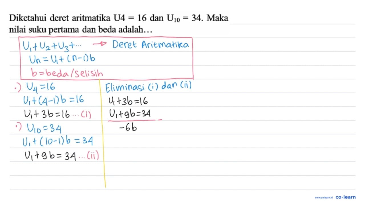 Diketahui deret aritmatika U 4=16 dan U_(10)=34 . Maka