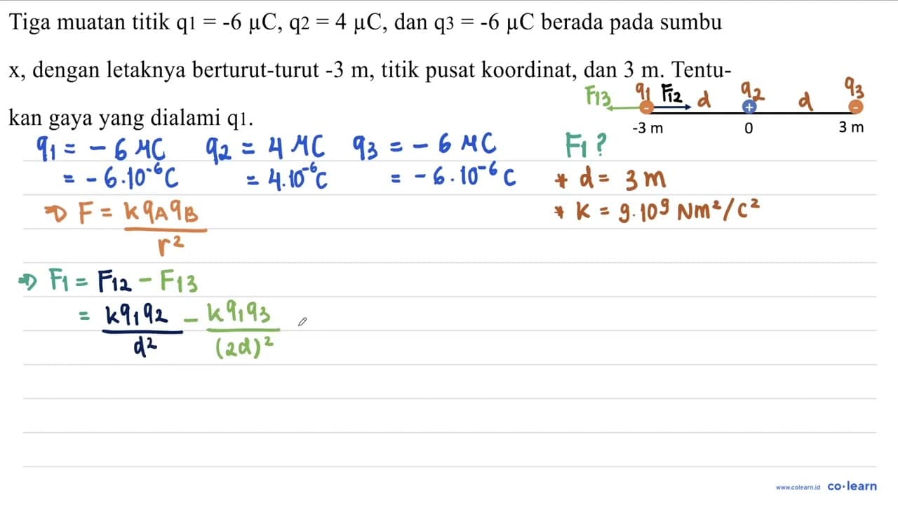 Tiga muatan titik q 1=-6 mu C, q 2=4 mu C , dan q 3=-6 mu C