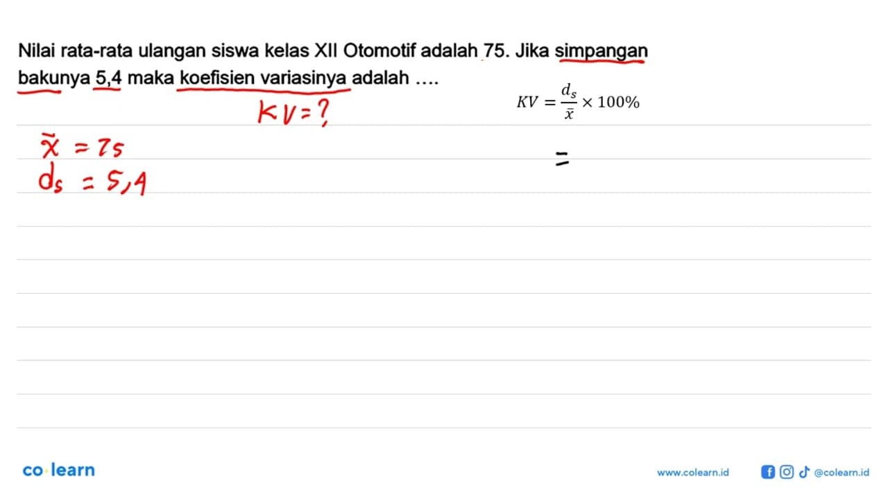 Nilai rata-rata ulangan siswa kelas XII Otomotif adalah 75.