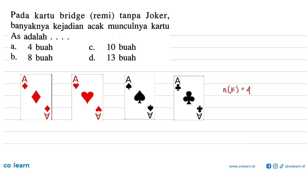 Pada kartu bridge (remi) tanpa Joker, banyaknya kejadian