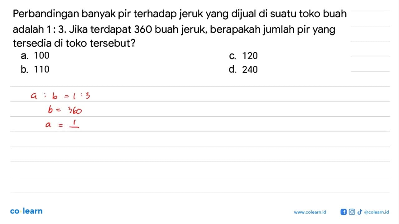 Perbandingan banyak pir terhadap jeruk yang dijual di suatu