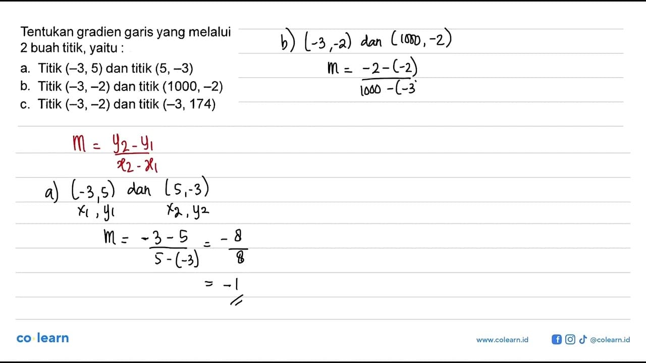 Tentukan gradien garis yang melalui 2 buah titik, yaitu: a.