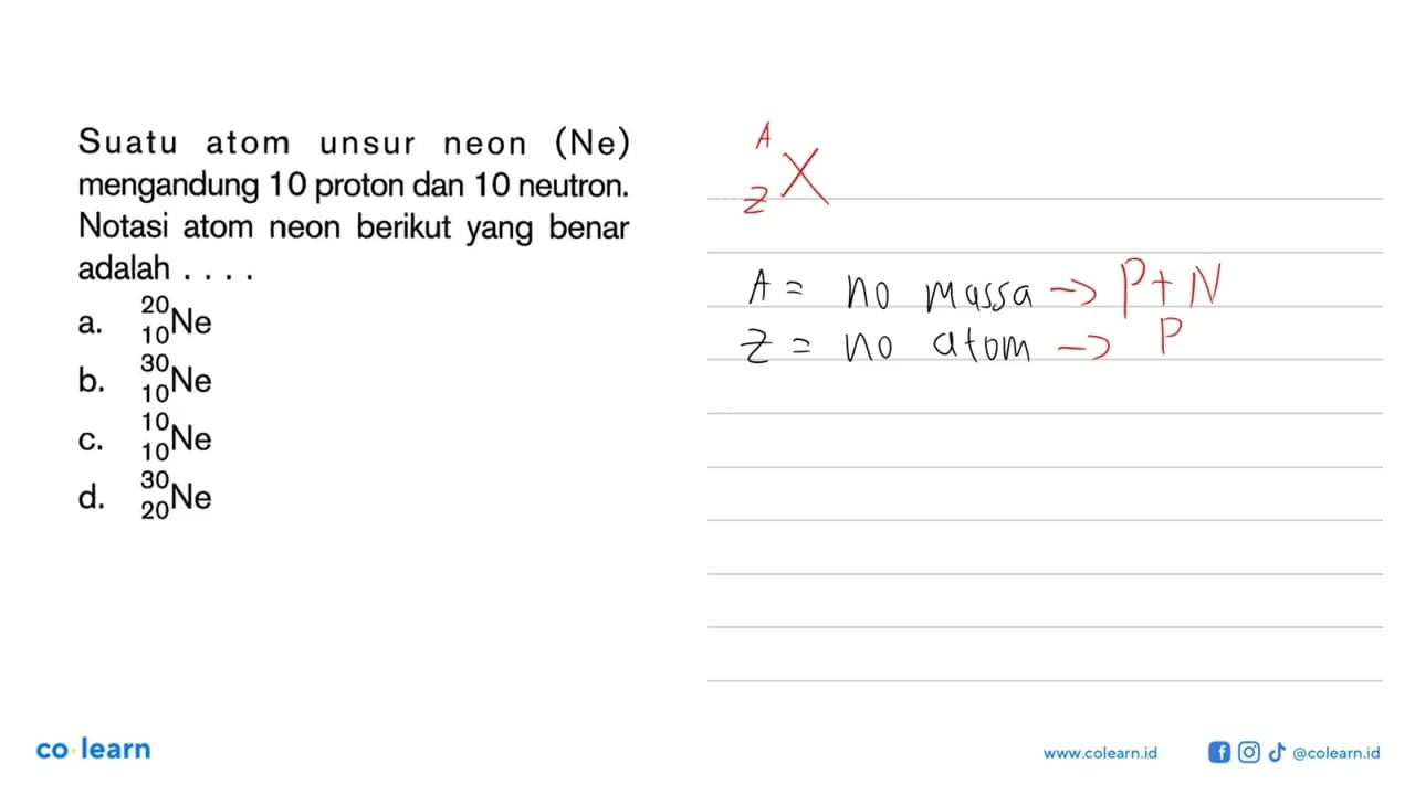 Suatu atom unsur neon (Ne) mengandung 10 proton dan 10