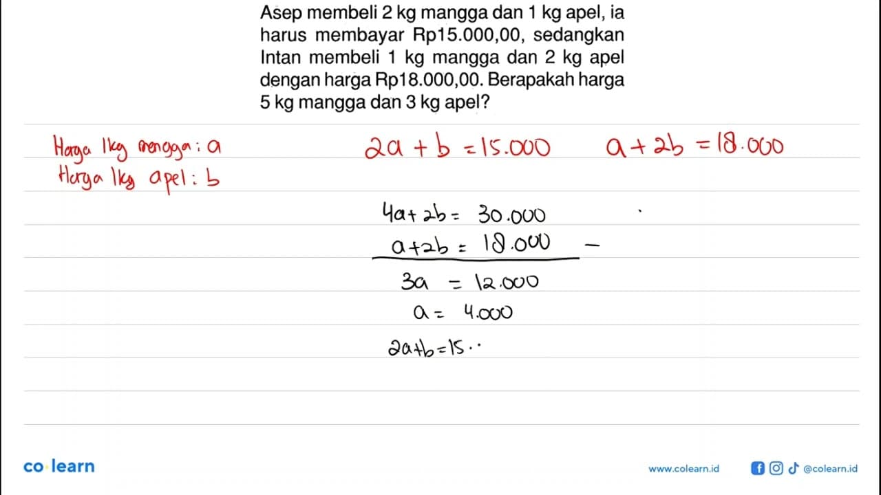 Asep membeli 2 kg mangga dan 1 kg apel, ia harus membayar