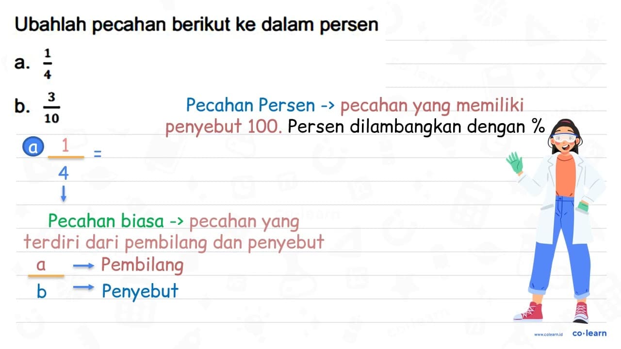 Ubahlah pecahan berikut ke dalam persen a. (1)/(4) b.