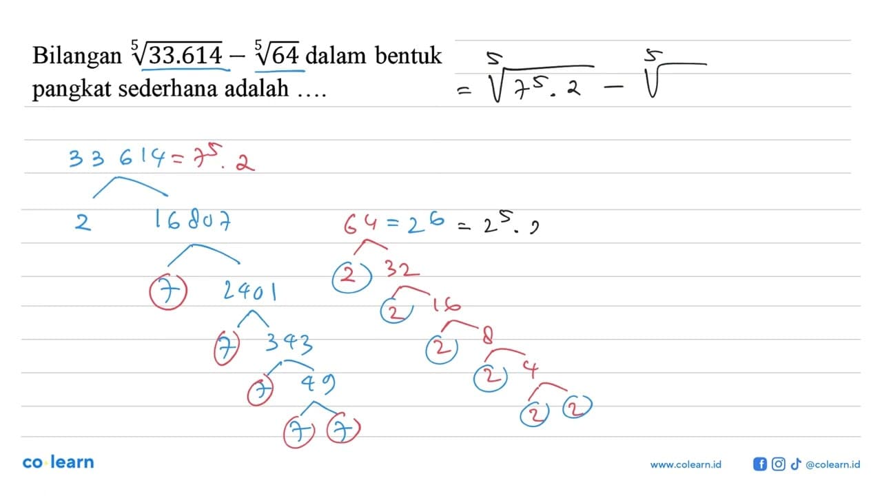 Bilangan 33.614^(1/5) - 64^(1/5) dalam bentuk pangkat