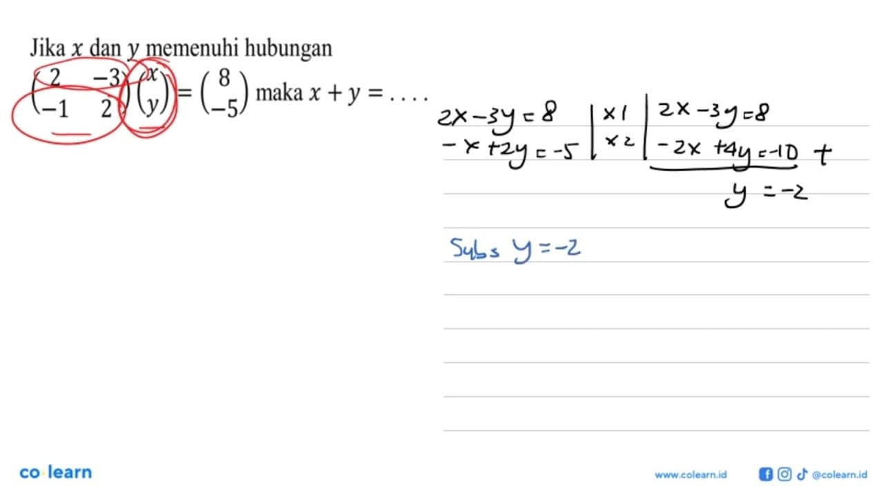 Jika x dan y memenuhi hubungan (2 -3 -1 2)(x y)=(8 -5) maka