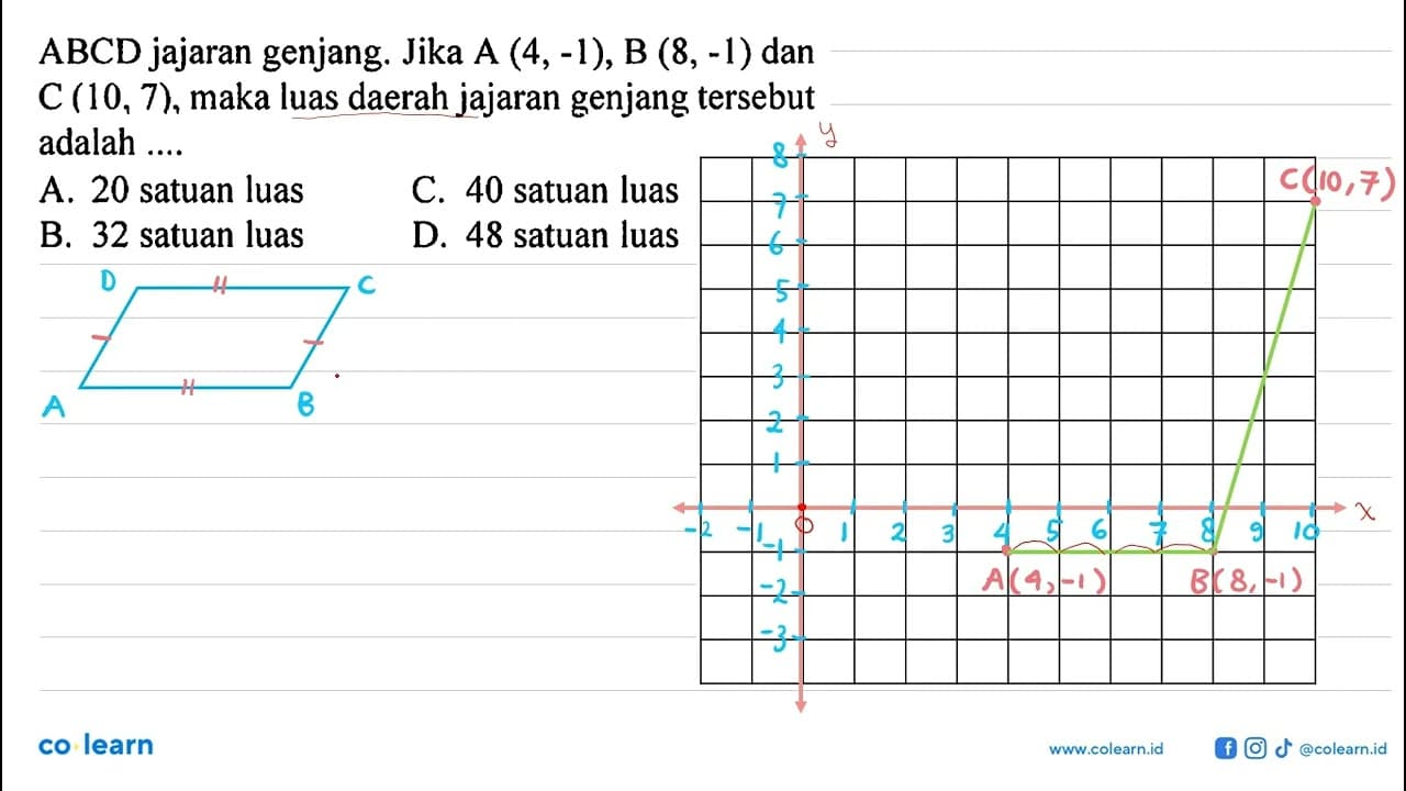 ABCD jajaran genjang. Jika A(4,-1), B(8,-1) dan C(10,7),