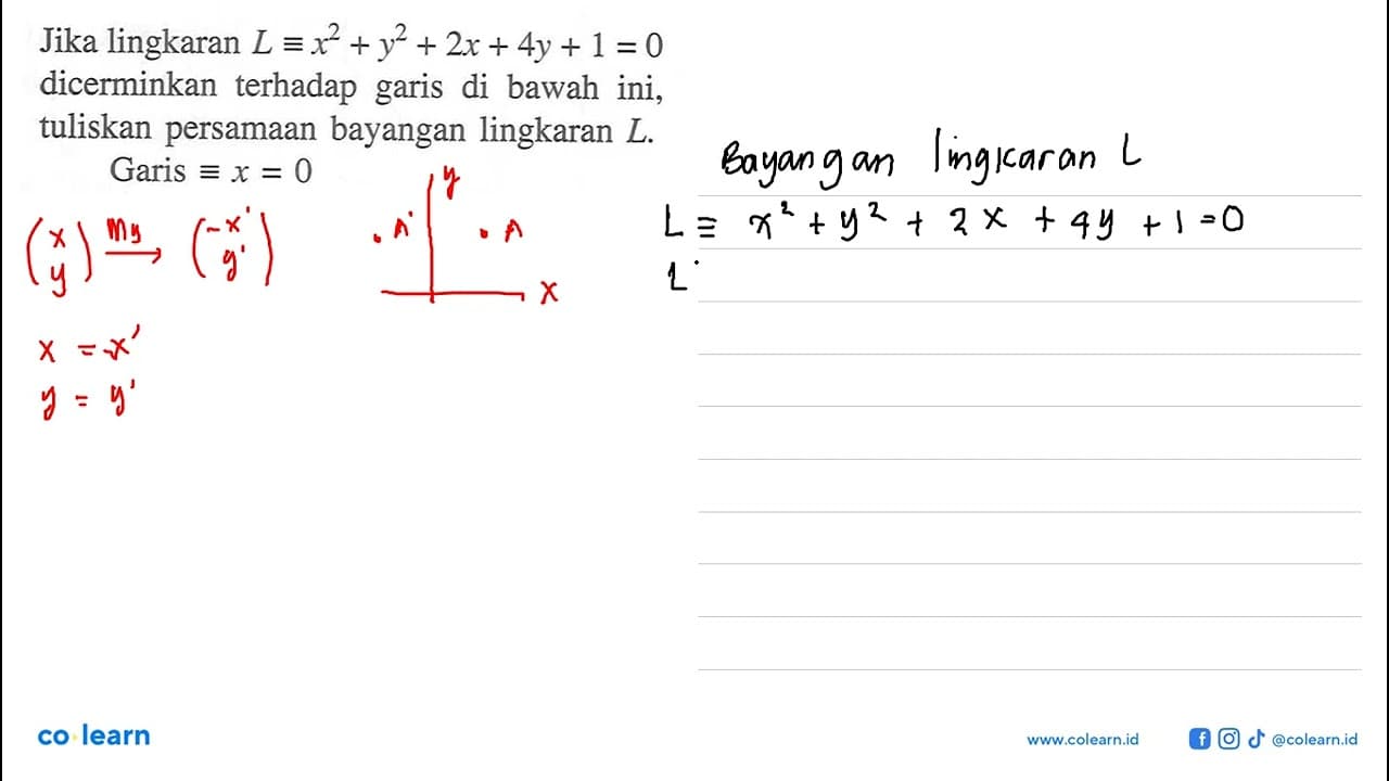 Jika lingkaran L=x^2+y^2+2x+4y+1=0 dicerminkan terhadap