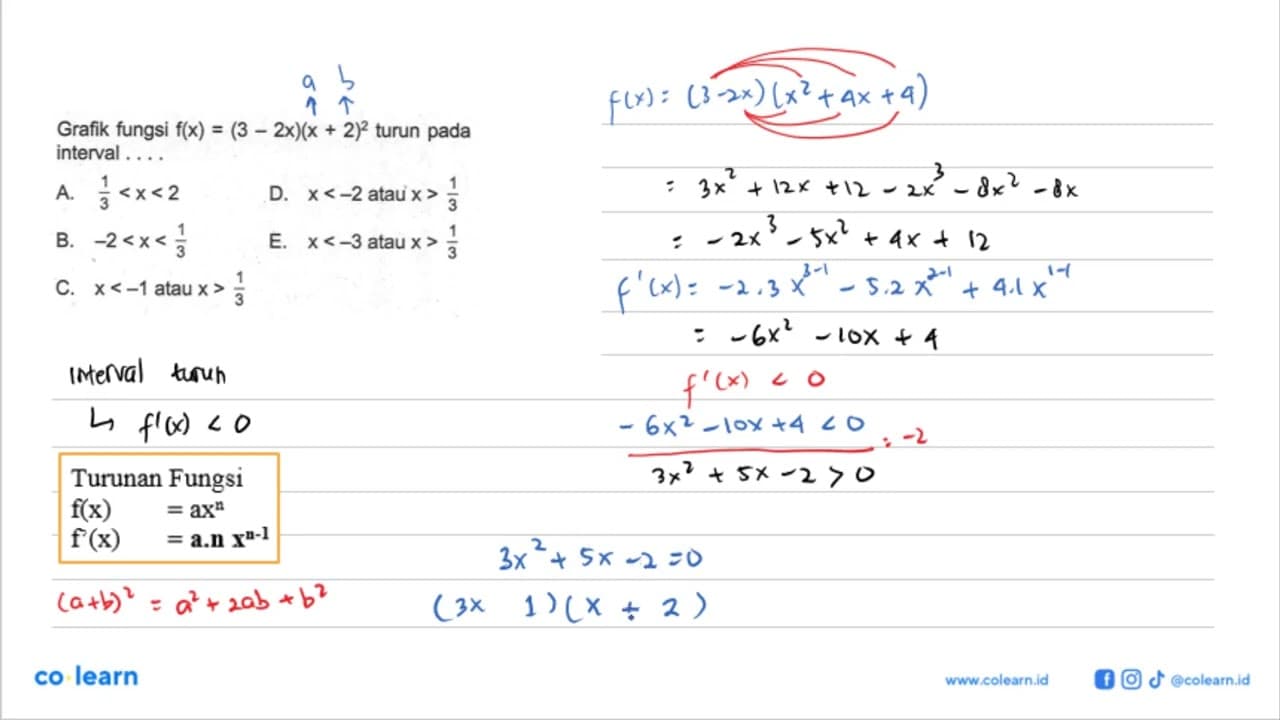 Grafik fungsi f(x)=(3-2x)(x+2)^2 turun pada interval ....