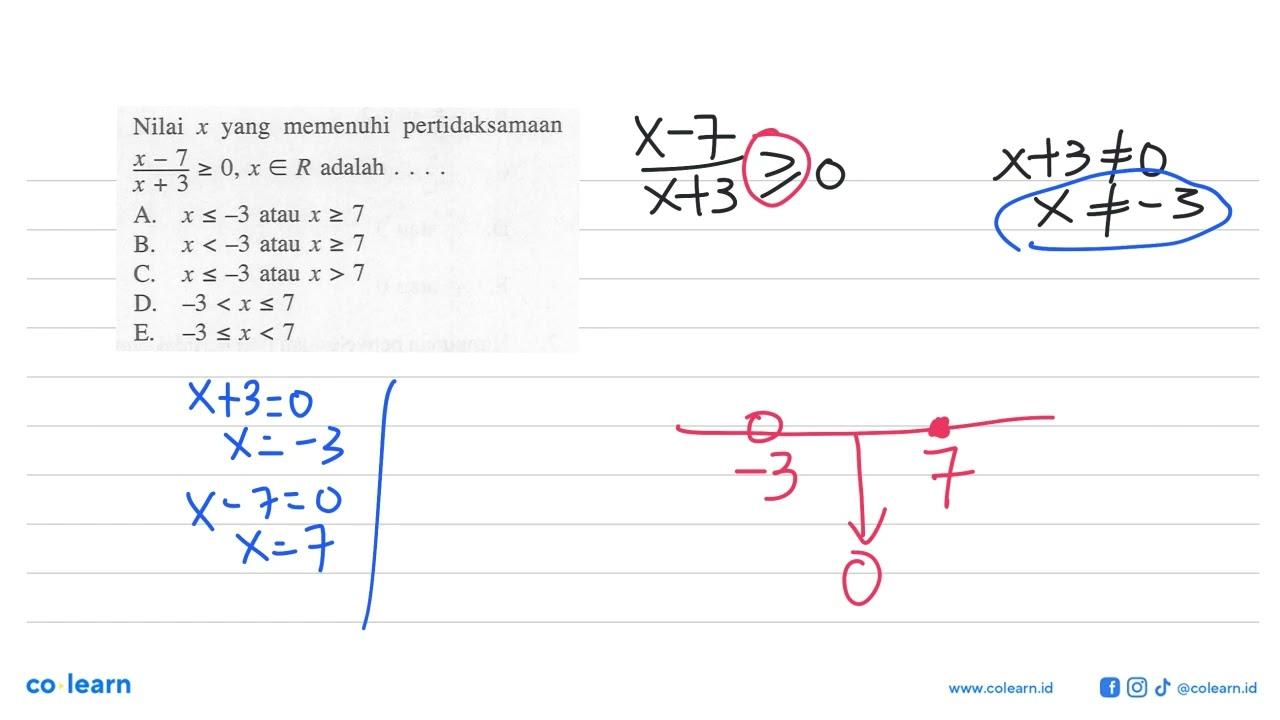 Nilai x yang memenuhi pertidaksamaan (x-7)/(x+3)>=0, x e R