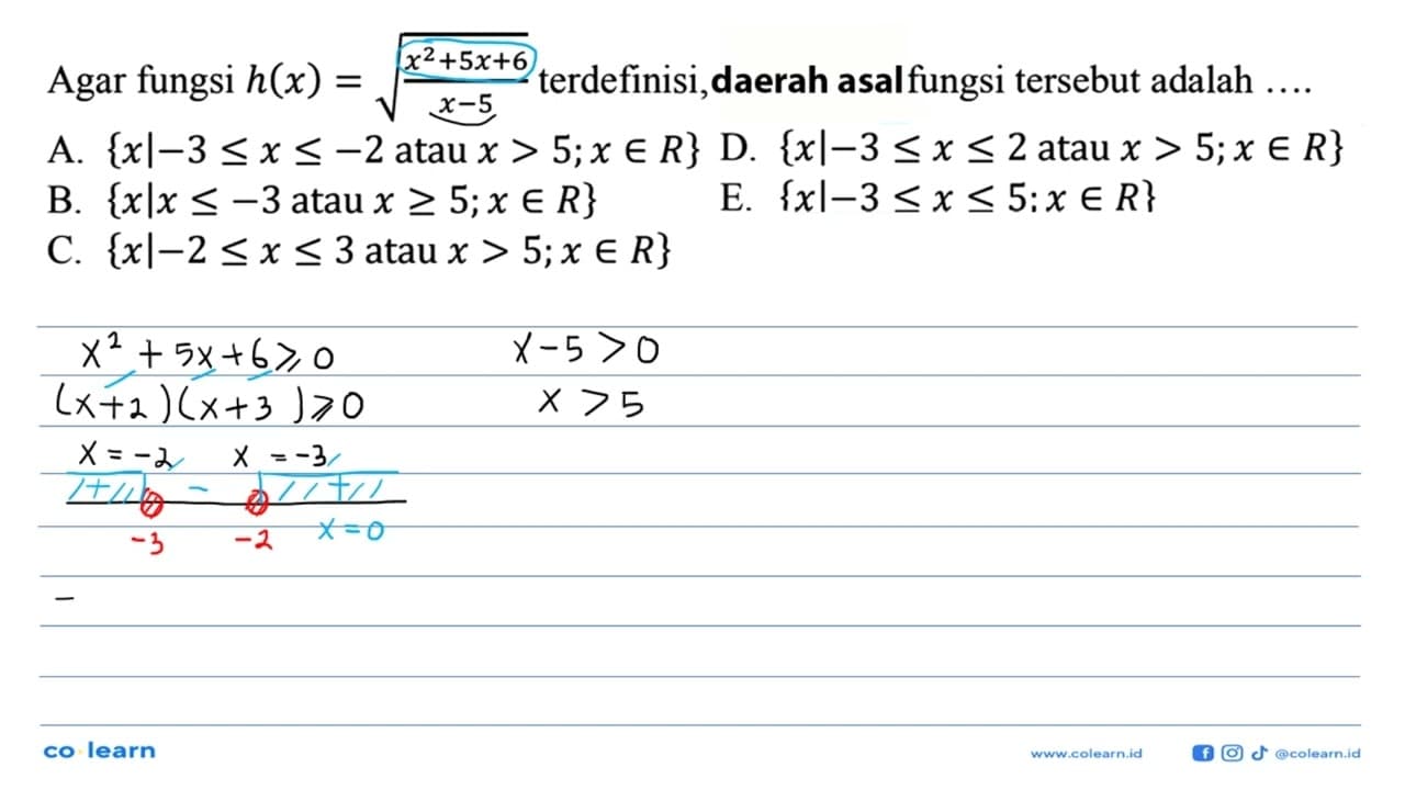 Agar fungsi h(x)=akar((x^2+5x+6)/(x-5)) terdefinisi, daerah