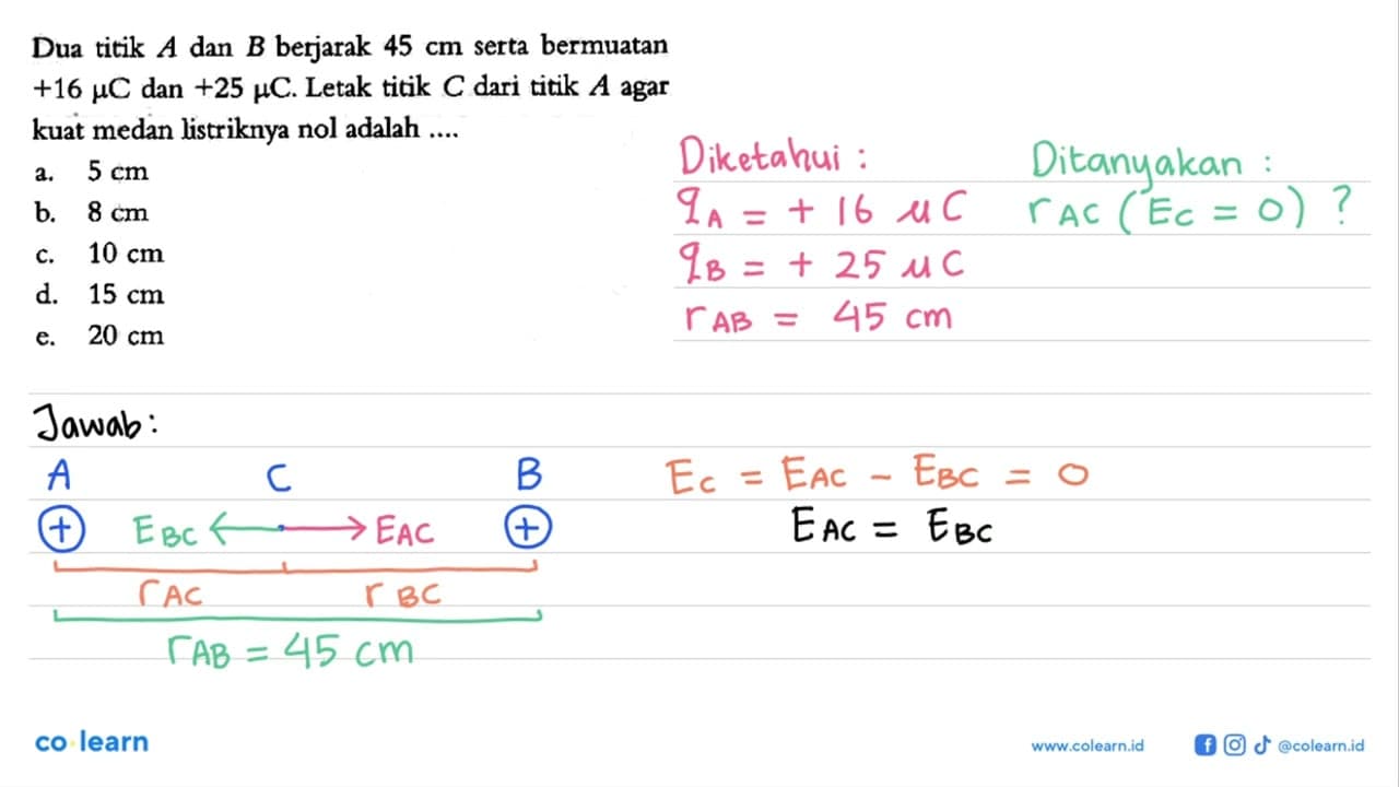 Dua titik A dan B berjarak 45 cm serta bermuatan +16 mikro