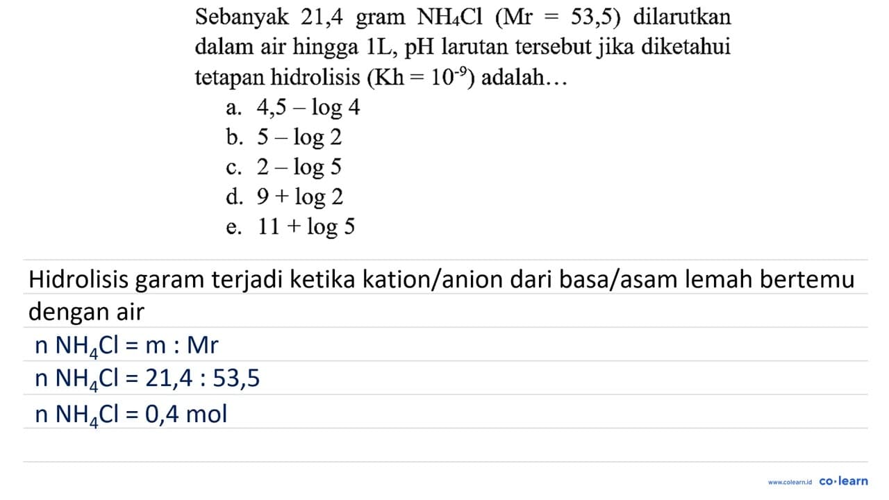 Sebanyak 21,4 gram NH_(4) Cl(Mr=53,5) dilarutkan dalam air