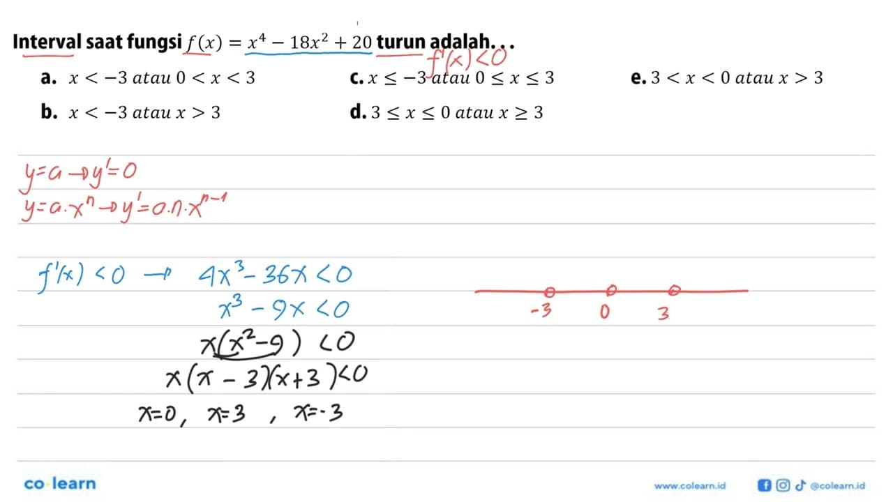 Interval saat fungsi f(x)=x^4-18x^2+20 turun adalah...