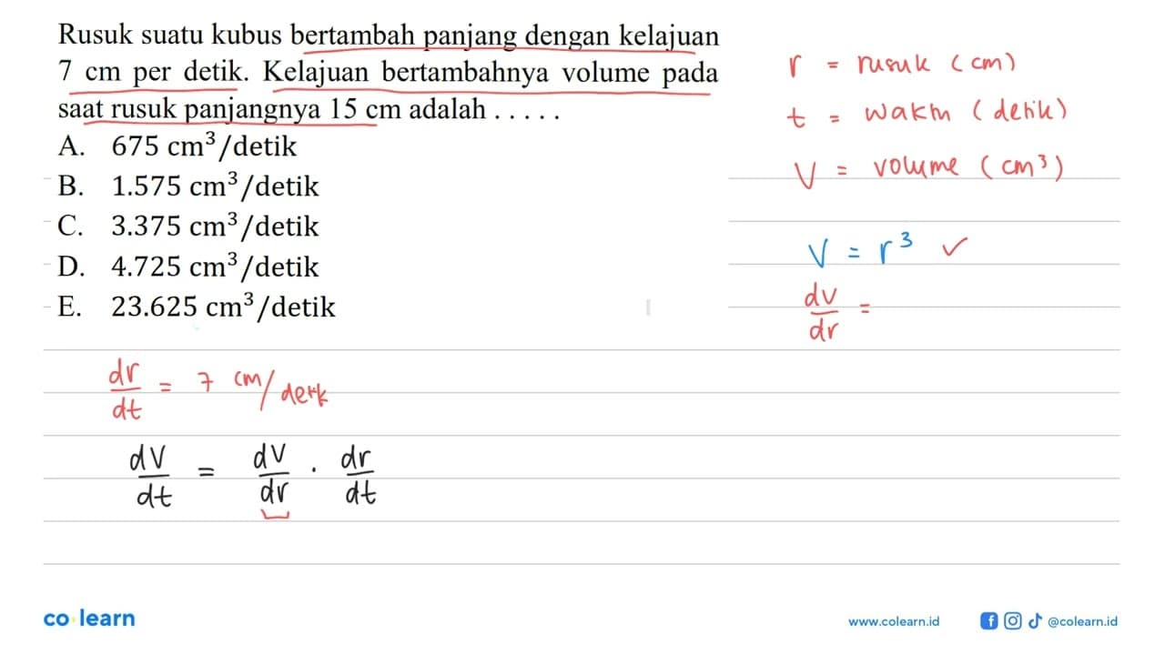 Rusuk suatu kubus bertambah panjang dengan kelajuan 7 cm