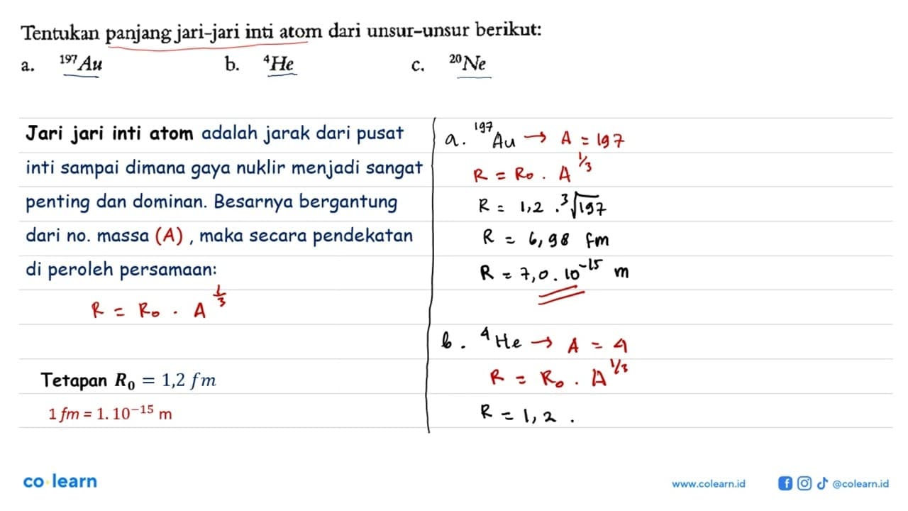 Tentukan panjang jari-jari inti atom dari unsur-unsur