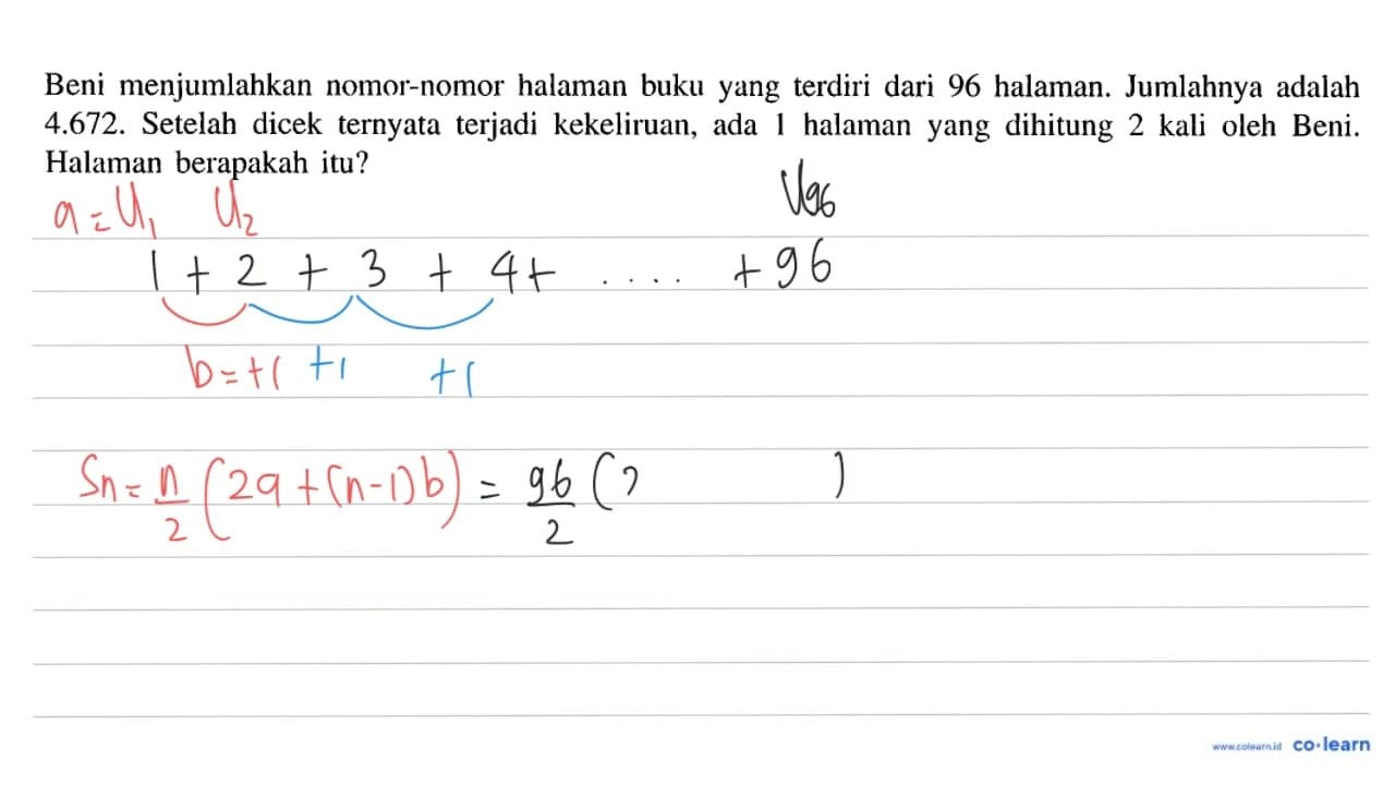 Beni menjumlahkan nomor-nomor halaman buku yang terdiri