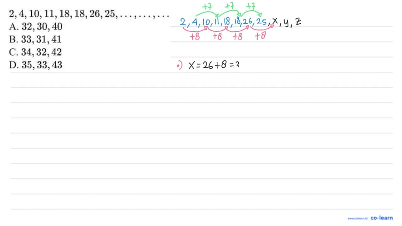 2,4,10,11,18,18,26,25, ..., ..., ... A. 32,30,40 B.