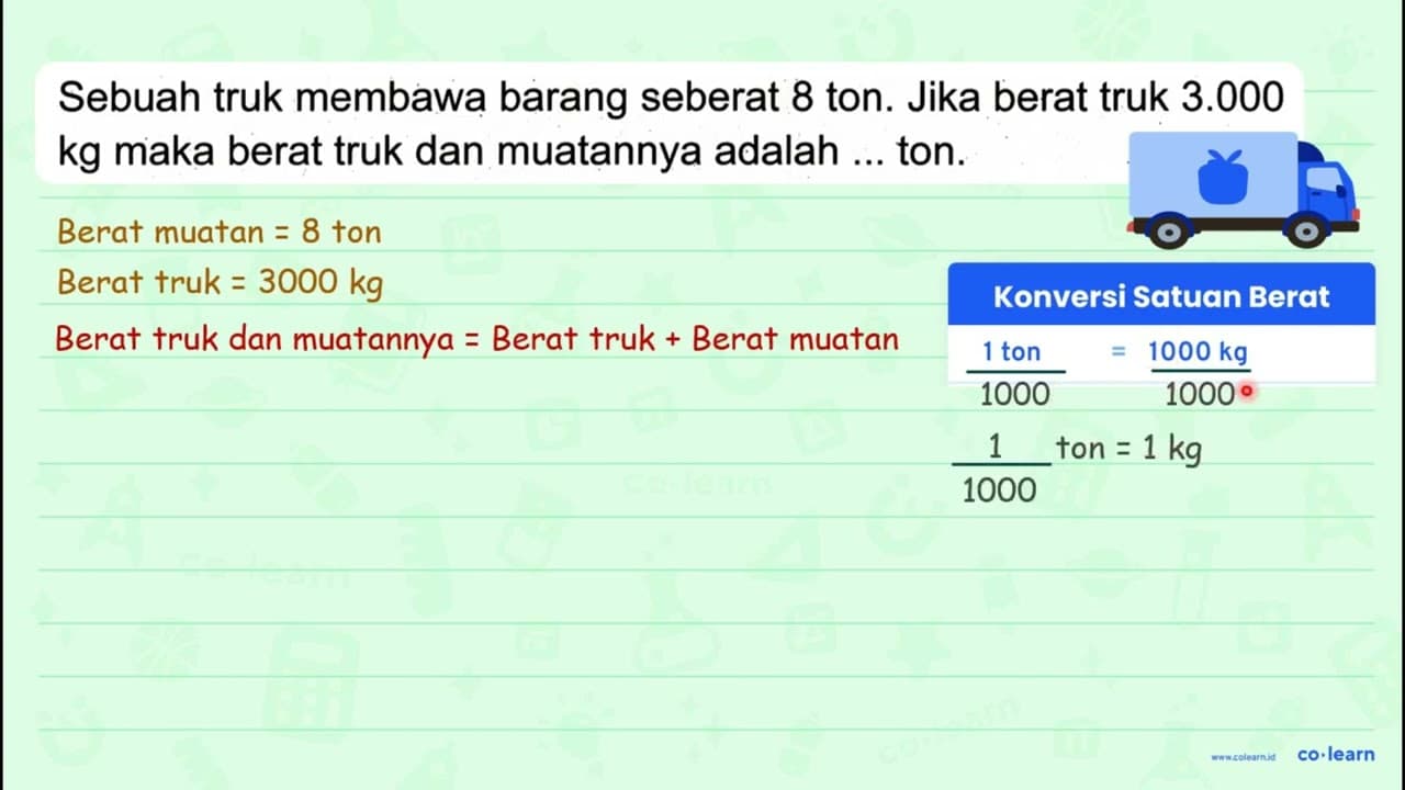 Sebuah truk membawa barang seberat 8 ton. Jika berat truk