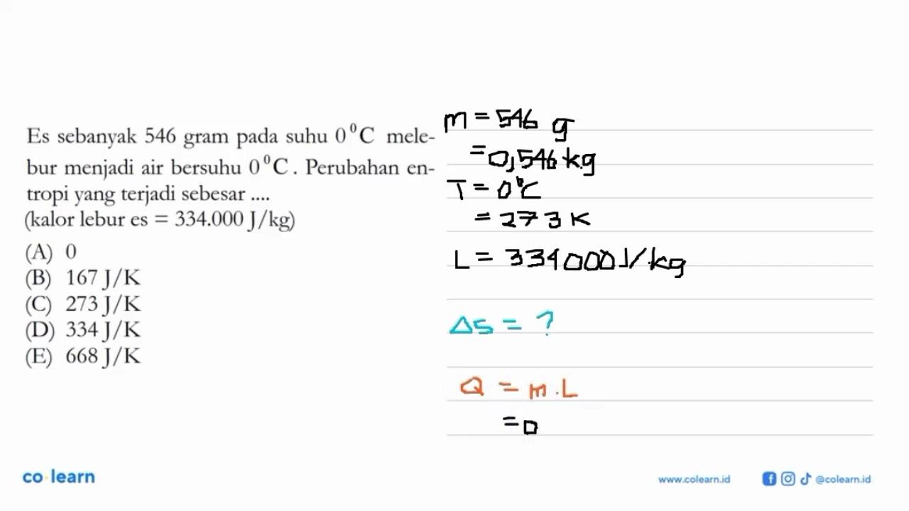 Es sebanyak 546 gram pada suhu 0 C melebur menjadi air