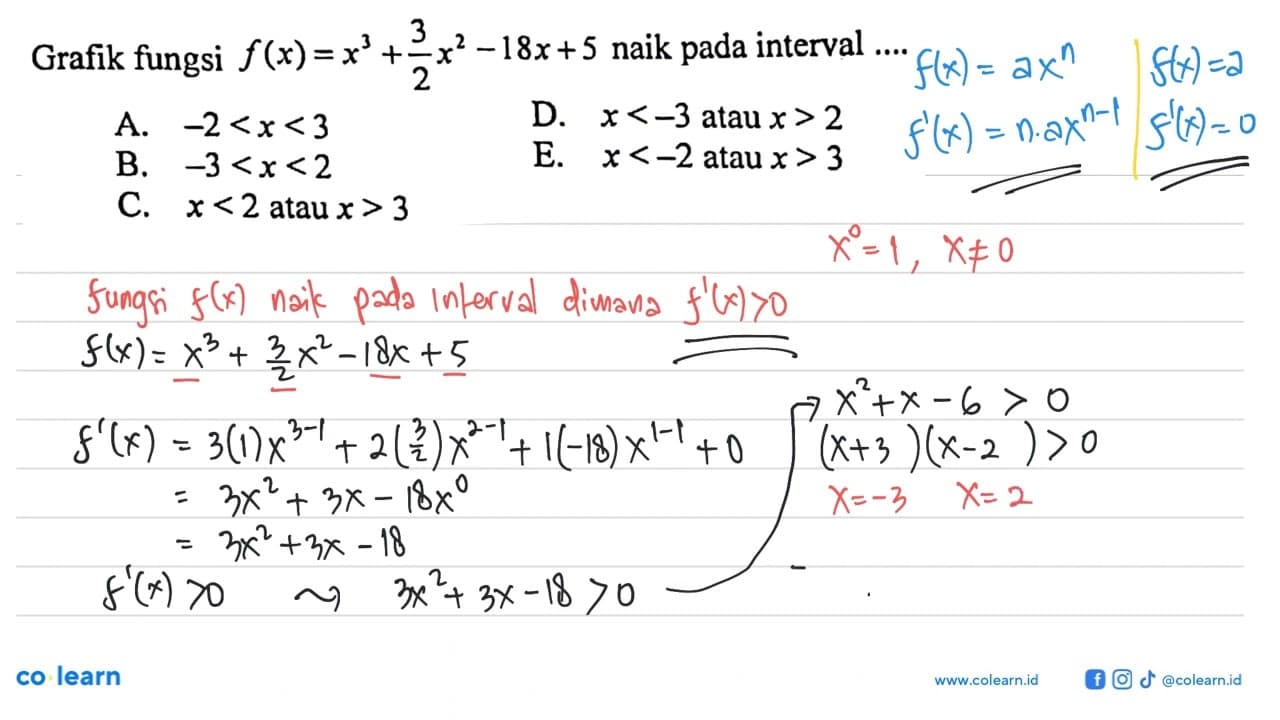 Grafik fungsi f(x)=x^3+(3/2)x^2-18x+5 naik pada interval