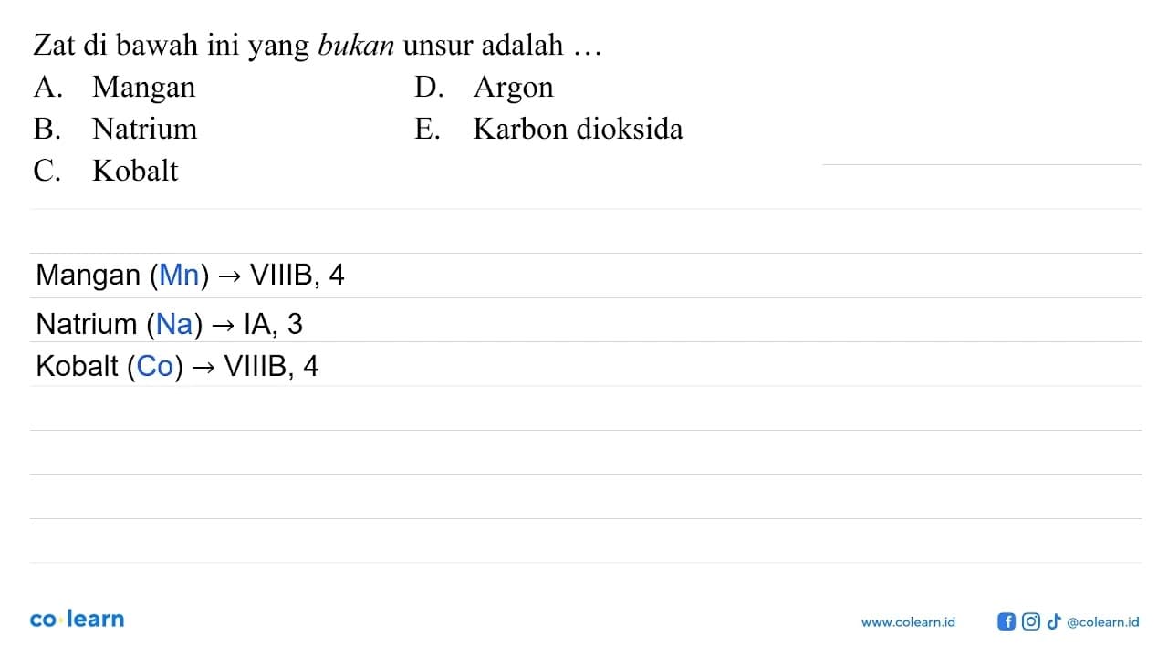 Zat di bawah ini yang bukan unsur adalah ... A. Mangan B.