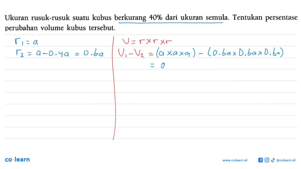 Ukuran rusuk-rusuk suatu kubus berkurang 40% dari ukuran