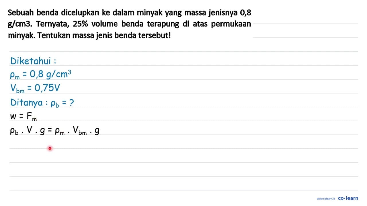 Sebuah benda dicelupkan ke dalam minyak yang massa jenisnya