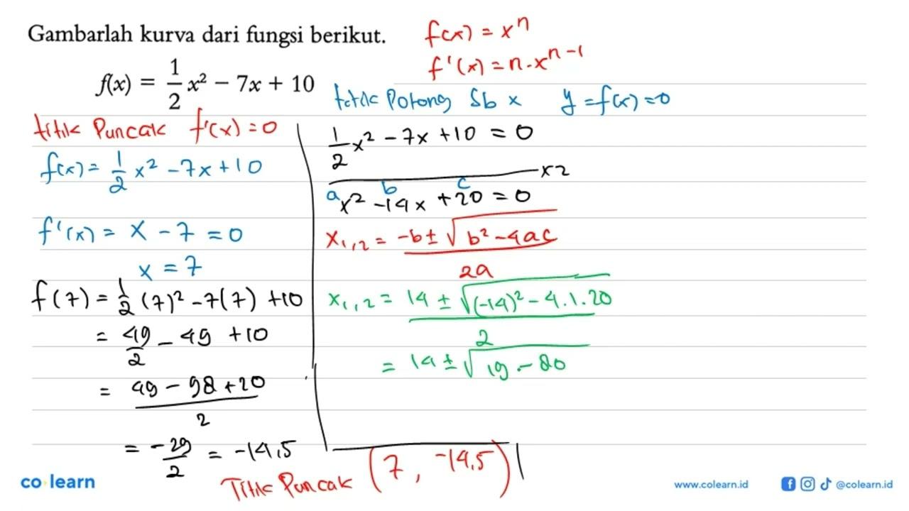 Gambarlah kurva dari fungsi berikut. f(x)=1/2 x^2-7x+10