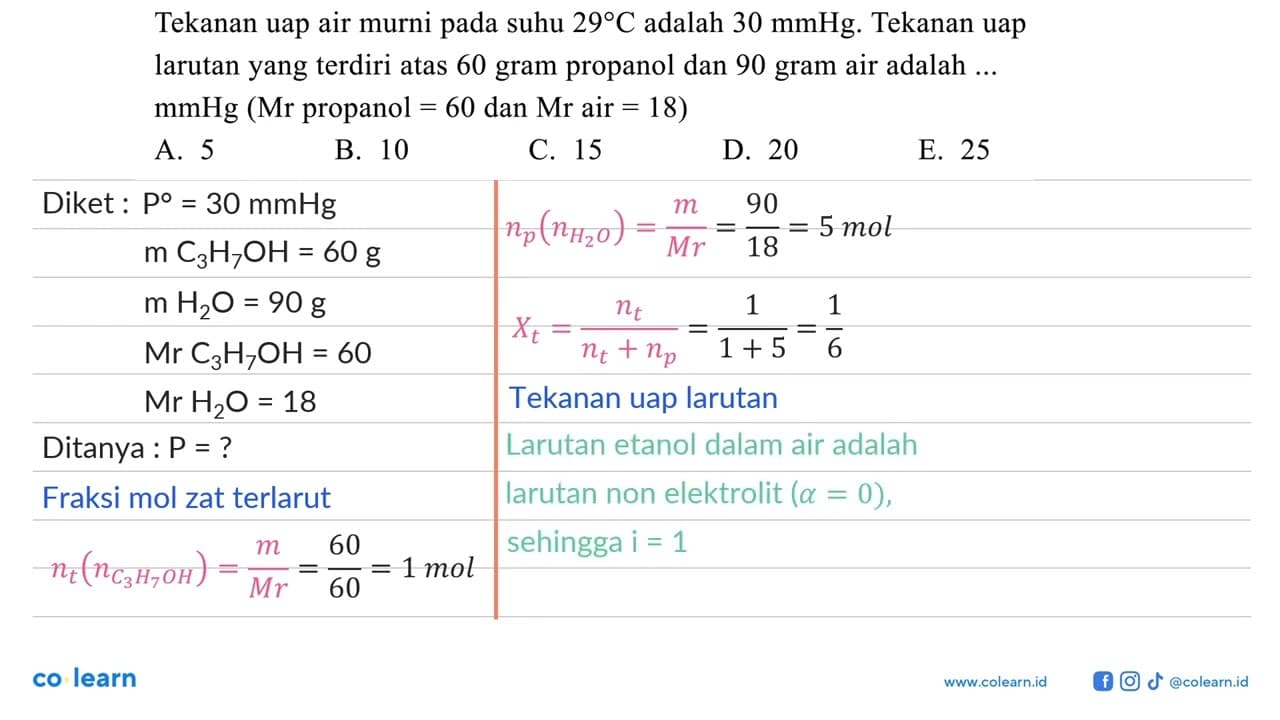 Tekanan uap air murni pada suhu 29 C adalah 30 mmHg.