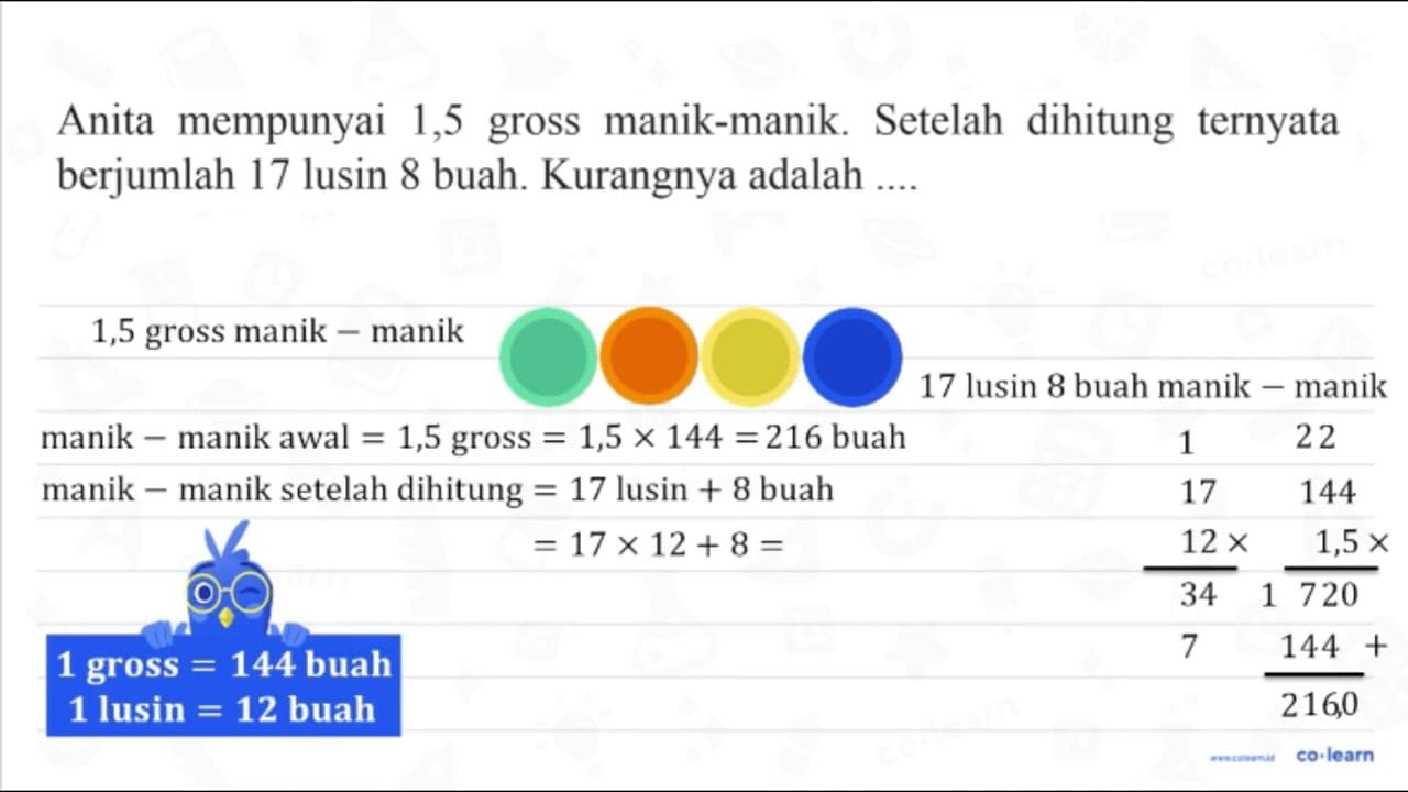 Anita mempunyai 1,5 gross manik-manik. Setelah dihitung