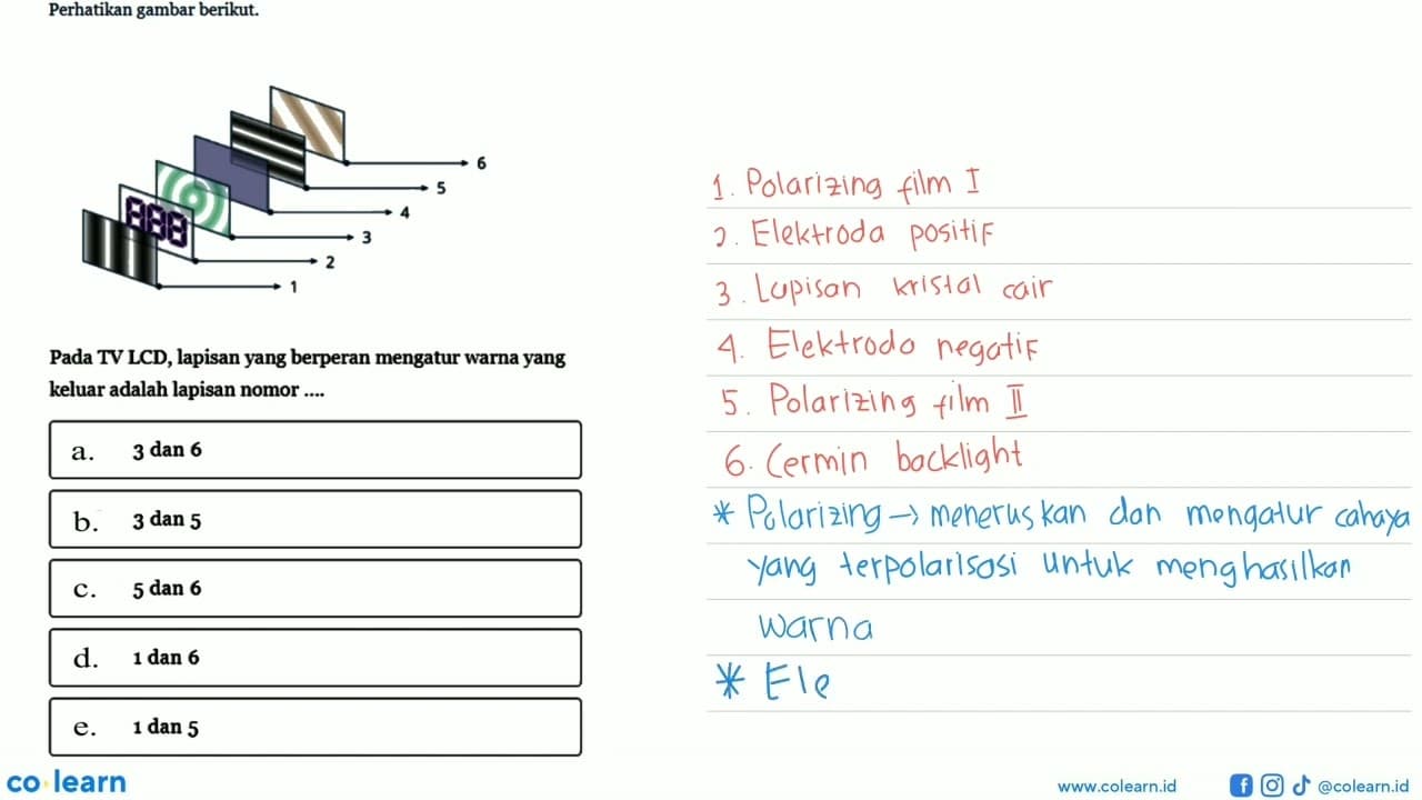 1 2 3 4 5 6 Perhatikan gambar berikut. Pada TV LCD, lapisan