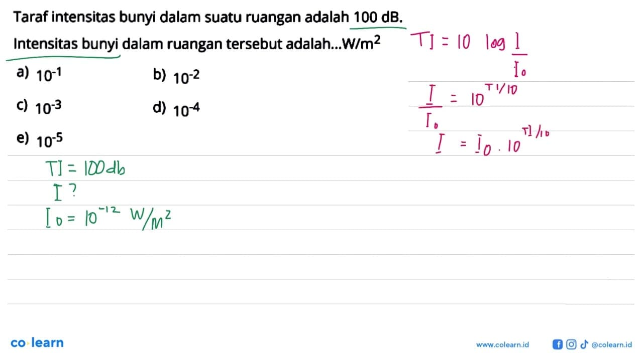 Taraf intensitas bunyi dalam suatu ruangan adalah 100 dB.